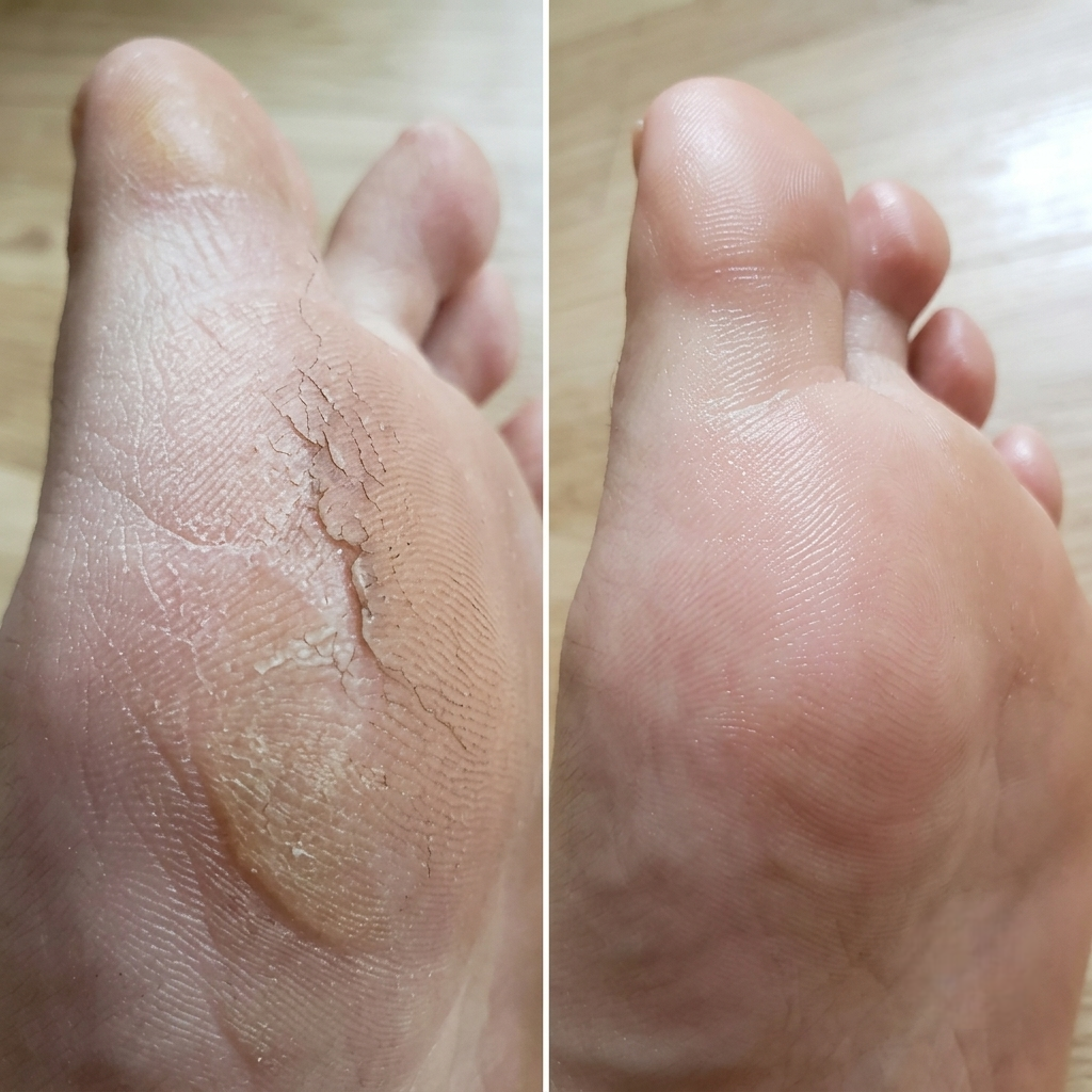 Before and after sole photo showing reduced callus build-up