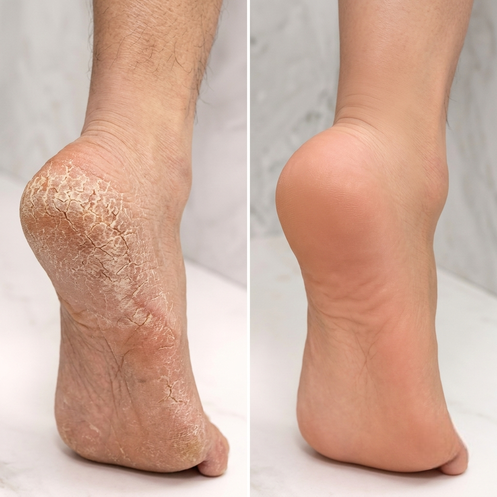 Before and after heel result photo from a customer