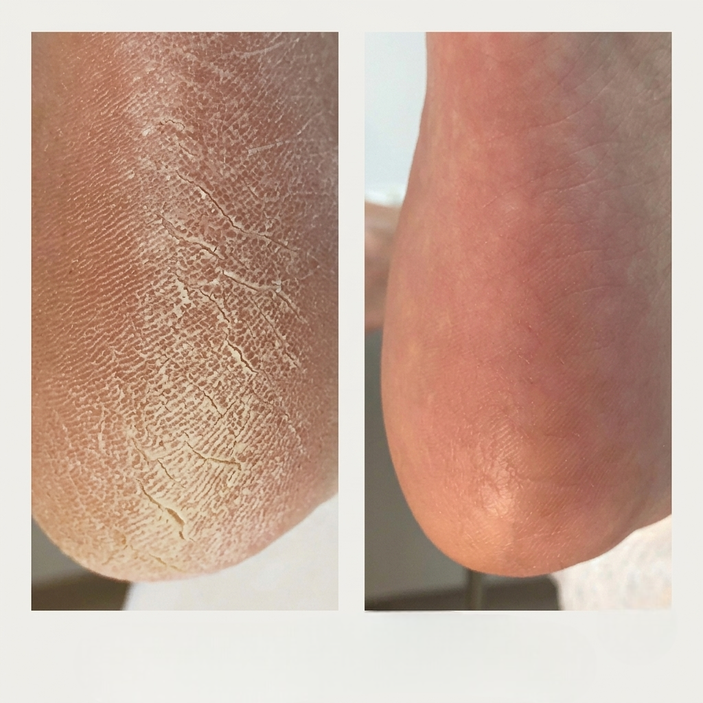Close-up before and after heel photo from a customer