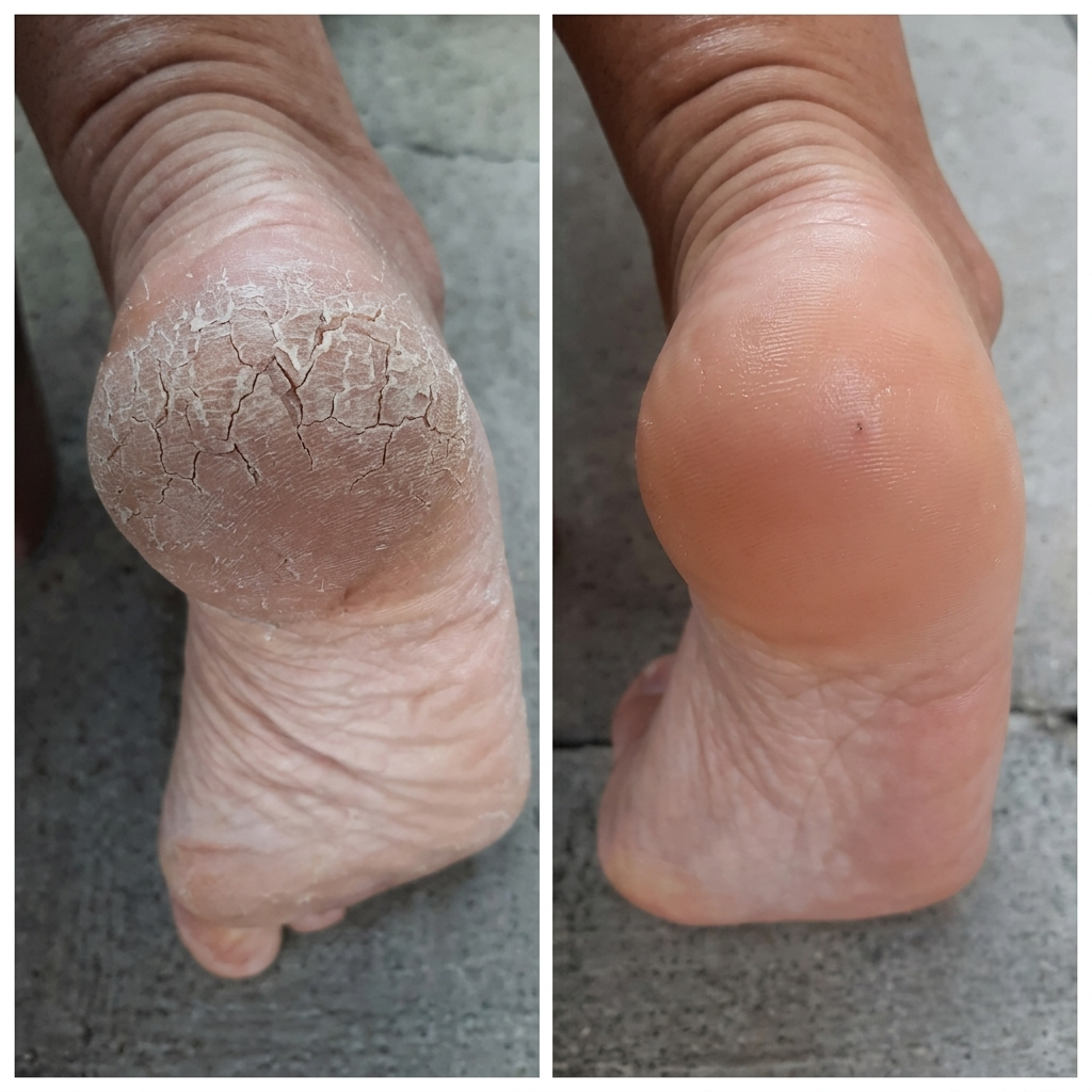 Before and after cracked heel customer photo